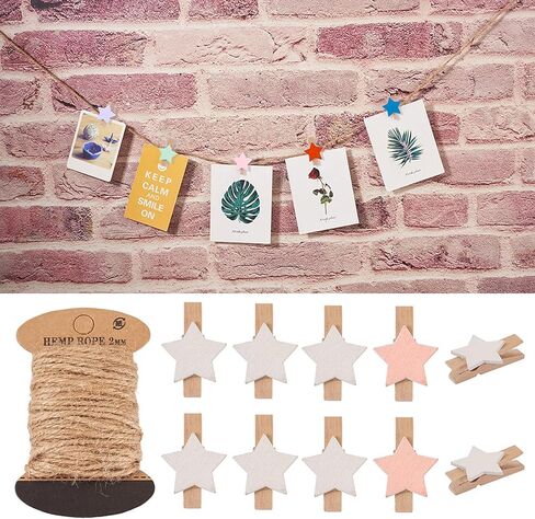 Beadthoven 100pcs Star Wooden Clockespins Mini Wood Photo Clips for Pictures Photo Paper Pegs مقاطع ملابس صغيرة مع 10.93 ياردة 2 مم من الحبل الجوت in Saudi Arabia