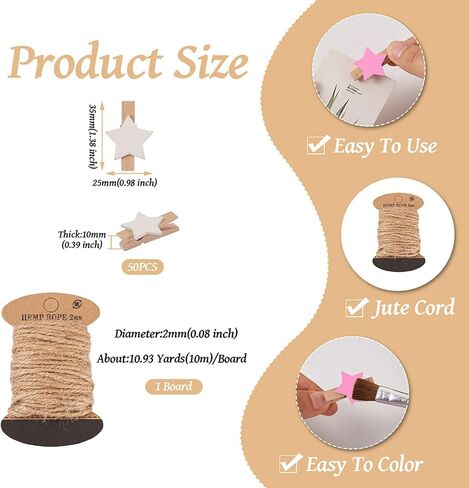 Beadthoven 100pcs Star Wooden Clockespins Mini Wood Photo Clips for Pictures Photo Paper Pegs مقاطع ملابس صغيرة مع 10.93 ياردة 2 مم من الحبل الجوت in Saudi Arabia
