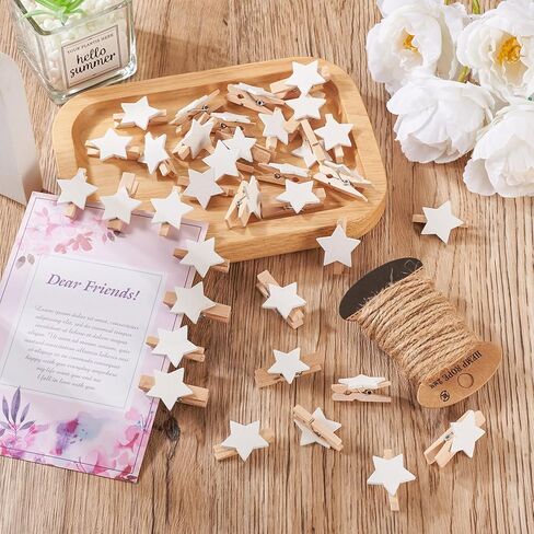 Beadthoven 100pcs Star Wooden Clockespins Mini Wood Photo Clips for Pictures Photo Paper Pegs مقاطع ملابس صغيرة مع 10.93 ياردة 2 مم من الحبل الجوت in Saudi Arabia