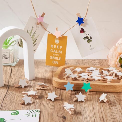 Beadthoven 100pcs Star Wooden Clockespins Mini Wood Photo Clips for Pictures Photo Paper Pegs مقاطع ملابس صغيرة مع 10.93 ياردة 2 مم من الحبل الجوت in Saudi Arabia