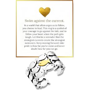 LIU JUN Swim Against The Current Ring, Inspirational Hope Encouragement Spiritual Rings Adjustable Stainless Steel Ring For Best Friend Women Men Jewelry Gifts