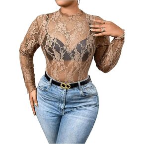 Shenhe Women's Plus Size Lace Lace Mesh Long Sleeve See من خلال مهرجان بلوزة Sexy Blouse Sexy Sexy Sexy