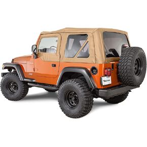 Tictik Fabric فقط استبدال TOP SOFT TOP - يناسب Jeep Wrangler TJ 1997-2006 - سقف نسيج مخصص مع الجانبين القابل للإزالة والخلفية Jeep TJ Soft Top Top Top Cover (مع جلود الأبواب ، التوابل الدنيم)