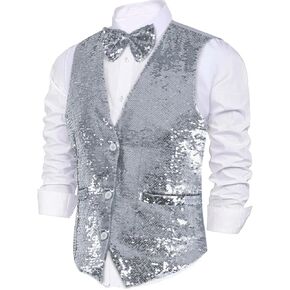 Dress Up America Sequin Vest with Bowtie - Sparkly Vest for Men - Costume Party Vest for Adults - Men Sequin Vest (Silver)