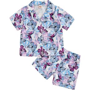 Mainesaka Toddler Girls Girls Pajamas مجموعة القوس طباعة زر قصيرة الأكمام أسفل قمم القميص وروز صالة ساتان الحرير pjs ملابس النوم