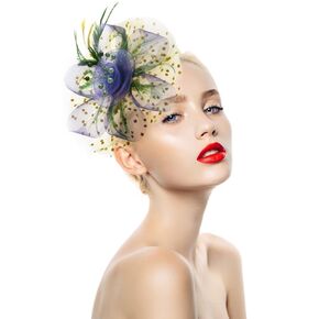 Specell HAT for Women, Derby Fascinator, White & Light Blue, One Size, Feather, Mesh, Floral, Versatile Event Accessory, MSM-006
