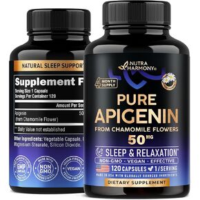 Apigenin 50 mg - Apigenin Supplement for Sleep - Natural from Chamomile Flowers - Quality Rest, Calm & Relaxation - for Women & Men - Vegan, NON-GMO, Lab Tested - Made in USA - 120 Capsules, 1/Day