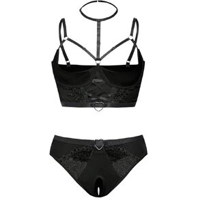 SOLY HUX Women's Plus Size Lingerie Sexy Gothic Lace Sheer Crotchless Panties and Bra Set