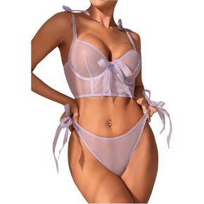 SweatyRocks Women's 2 Piece Lingerie Set Sheer Mesh Bra and Tie Side Thongs Underwear Sets