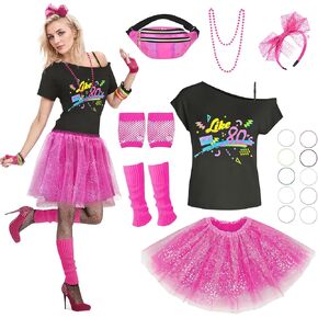 80s Outfit for Women T-Shirt Tutu Skirt with Accessories 80s Costumes Set for Retro Theme Party