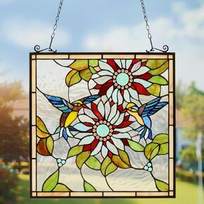 Capulina Sunflower and Birds Stained Glass Window Panels Tiffany Style Traditional Art Handicrafts Window Hangings for Home Window Decor Gifts