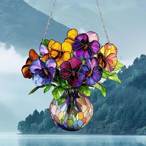 Colorful Flower Vase Stained Window Hanging Ornament, Vase Shape Stained Acrylic Double-Sided Printed Window Panel, Great Gift for Mom Grandma Flower Lover for Birthday Mother's Day or Housewarming