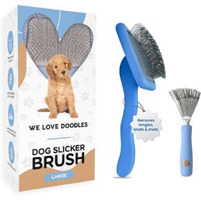 Large Slicker Brush & Slicker Brush Cleaner | Dog Doodle Brush for Grooming Pet Hair | Poodle Brush for Shedding | Long Haired Dogs | Goldendoodle Long Brush for Dogs (Large) [We Love Doodles]