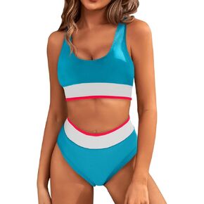 Fisoew Womens Bikini Sets Two Piece Swimsuit Color Block Sexy Tie Backless High Waisted Bathing Suit