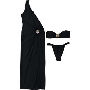 Soly Hux Women's 3 Piece Swimsuit Bandeau Bikini Pasting Suit With Bust Up Dress