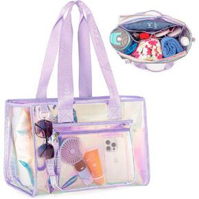 Yarwo Large Beach Bag for Women, Iridescent Tote Bag with Front Phone Pouch and Internal Pockets for Beach Pool Gym Yoga Essentials, Waterproof Sandproof Clear Tote for Family & Weekend Travel