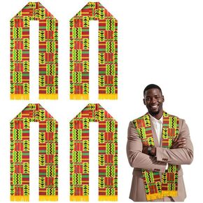 Wehhbtye 4 Pcs Kente Stole Sash, 76'' X 7'' African Pattern Sash Scarf, African Print Kente Clothing Accessory for Black History Month Kwanzaa Celebration Graduation Choir