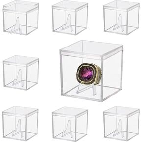 8 PCS Championship Ring Display Case Clear Plastic Display Case Small Showcase with Mini Card Stand Holder Single Ring Display Stand Holder Square Storage Box for Jewelry Sport Ring Candy Box