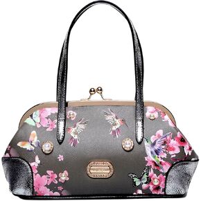 Twilight Garden Women's Designer Handbag with Floral Print, Kiss Lock & Chain Strap, Evening Bag with Crystal Embellishments