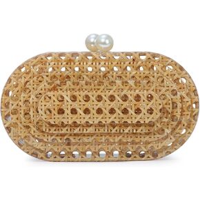 Fecialy Women Acrylic Clutch Purse Rattan Woven Pattern Handbag Shell Shape Crossbody Bag Chic Evening Bag