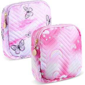 2Pcs Sanitary Napkin Storage Bag, Portable Period Pouch with Zipper Tampon Pad Bag Feminine Care Period Kit Panty Liners Menstrual Products(Pink)