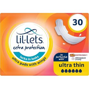 LIL-Lets Protect Extra Ultra Pads x 30 (3 عبوات) ، مع أجنحة ، لفترات تدفق ثقيلة للغاية وانقطاع الطمث المحيط