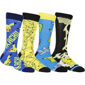 Pokemon Crew Socks Men's Pikachu & Kanto Starters 4 Pairs for Shoe Size 8-12