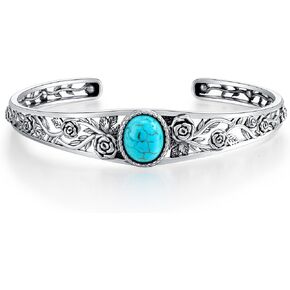 Genuine Turquoise Vintage Rose Flower Bracelet Bangle, Sterling Silver Boho Adjustable Bangle Cuff Native American Jewelry for Women, Fit for 6.5 7 7.5 Inches