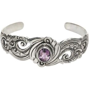 NOVICA Artisan Handmade Amethyst Cuff Bracelet Sterling Silver Purple Indonesia Birthstone Balinese Traditional [6 in L (end to End) x 0.9 in W] ' Regal Ivy'