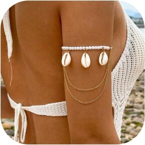 Arm Cuff Shell Bracelet Adjustable Upper Arm Cuff Bangle Gold Jewelry Gifts for Women Boho Summer Beach Vacation Essentials