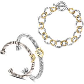 Twisted 3Pcs Cable Cuff Bracelets Set, Trendy Gold and Silver Bangle Two Tone Bracelet Designer Dupes Adjustable Mixed Metal Jewelry for Women (Cuff and Chain C)