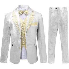SWOTGdoby Boys Tuxedo Suit 4 Pieces Slim Fit Suit Set Blazer Vest Pants Bowtie Jacket with Gold Rims for Wedding Party Prom
