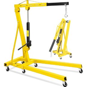 Folding Hydraulic Engine Hoist 2 Ton, Cherry Picker Shop Crane with 6 Casters and Telescopic Boom, 4400 Lbs Capacity Heavy Duty Engine Hoist Crane Lift for Garage, Workshop, Automotive Repair, Yellow