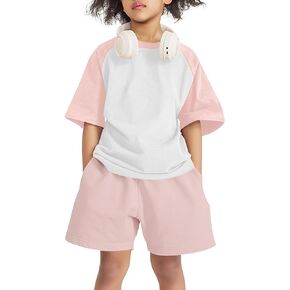 COZYPOIN Boys Girls 2 Piece Summer Outfits Colorblock Short Sleeve Cotton T-Shirts and Shorts Basic Kids Set 5-14 Years