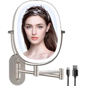 FUNTOUCH Rechargeable Wall Mounted Lighted Makeup Vanity Mirror, Double Sided 1X/7X Magnification, 3 Dimmable Light Settings, Extension Arm, Oval Frame, Ideal for Makeup