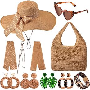 15 Pcs Women Straw Beach Hat and Straw Bag and Boho Hoop Drop Dangle Earrings Summer Sunglasses for Bohemia Women Beach Jewelry Sets