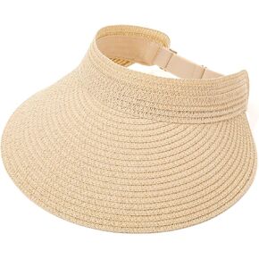 Sun Visor Hat for Women Wide Brim Straw Visors Beach Hat Ponytail UV UPF Packable Foldable Travel