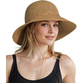 Beach Hats for Women Packable Crochet Hat Summer Straw Sun Hat for Travel Khaki