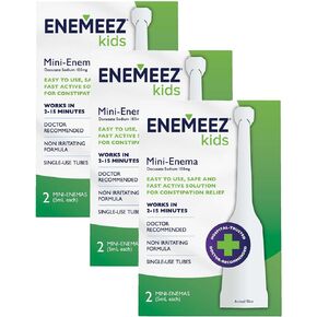 Enemeez Kids Enema, Mini-Enemas for Ages 2-12, Docusate Sodium Stool Softener, Fast-Acting Constipation Relief, Promotes Bowel Movement in 2-15 Minutes, 2ct, 3 Pack (6 Total) Single-Use 5ml Tubes