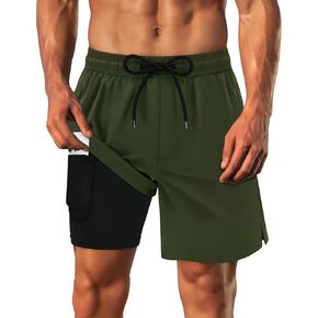 Sarfel Mens Swim Trunks with Compression Liner Mens Bathing Suit 7 Inch Inseam Quick Drying Men's Board Shorts Men's Swimwear