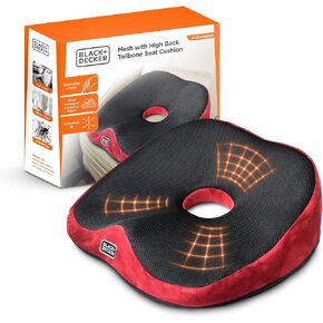 BLACK+DECKER High Back Tailbone Seat Cushion – Memory Foam Chair Cushion for Office, Car, Wheelchair & Airplane – Ergonomic, Non Slip, Breathable Mesh, Sciatic Pain Relief, Washable Cover, Black