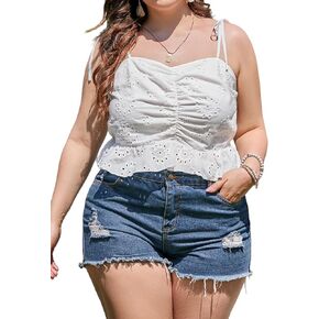 White Eyelet Ruffle Peplum Suspenders Top for Women Plus Size, Flowy Babydoll Smocked Summer Tank Top with Straps