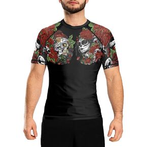 Raven Fightwear Men's Calaveras Y Rosas BJJ Rash Guard Short Sleeve Mma Black