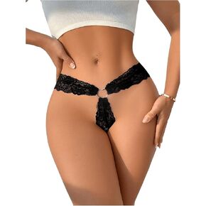 OYOANGLE Women's Ring Linked Floral Lace Low Rise Thongs Comfortable Lingerie Underwear