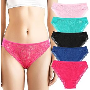 Falari Women's Underwear Set, Lace Thong and Bikini Panties Brief Cotton Breathable Comfort Undies, 5 Pack