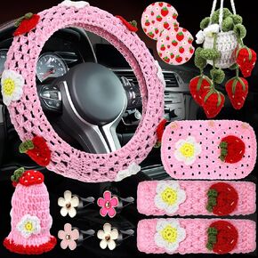 BBTO 11 Pcs Crochet Car Accessories Set, Cute Handmade Crochet Steering Wheel Cover Ceramic Cup Holder Daisy Hanging Ornament Air Conditioner Decoration for Women Ladies