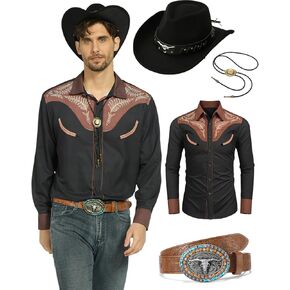 kasahara 4Pcs Mens Cowboy Costume Western Shirts Men with Cowboy Hat Belt Bolo Tie Accessories Western Outfit for Men