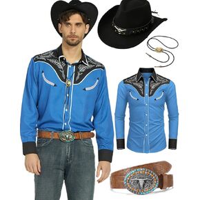 kasahara 4Pcs Mens Cowboy Costume Western Shirts Men with Cowboy Hat Belt Bolo Tie Accessories Western Outfit for Men in Kuwait