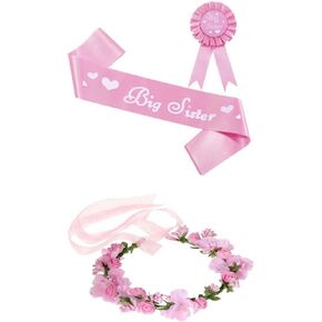 3 Pieces Big Sister Accessory Set, Include Big Sister Satin Sash, Badge Pin and Flower Crown for Baby Shower Party