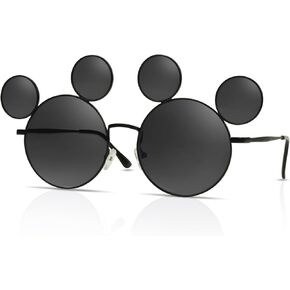 Mouse Ears Sunglasses for Women Men, Black Cartoon Sun Glasses with Case, Theme Park Accessories, UV Protection